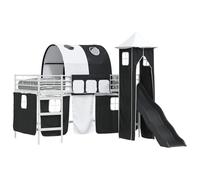 Qnhdfrt Lit Mezzanine Métal 90x200 cm Toboggan Rideaux Noir Blanc | Structure robuste en métal avec matelas en mousse, tunnel et éléments de jeu pour optimiser l'espace dans la chambre.