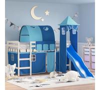 Qnhdfrt Lit mezzanine pour enfant en pin massif avec toboggan et rideaux - 80 x 200 cm - Blanc et bleu - Garde-corps de sécurité et espace de rangement pour chambre d'enfant