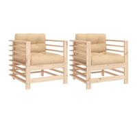 Qnhdfrt Lot de 2 chaises de jardin en pin massif - 63,5 x 63,5 x 60 cm - Avec coussin d'assise et dossier beige - Mobilier de balcon modulaire pour salon, extérieur, terrasse, jardin