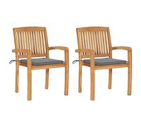 Qnhdfrt Lot de 2 chaises de jardin en teck massif avec coussin d'assise gris - 60 x 57,5 x 90 cm - Empilables - Pour terrasse, balcon, salon, extérieur, dîner - Style vintage