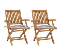 Qnhdfrt Lot de 2 chaises de jardin pliantes en bois de teck massif - 56 x 58 x 88 cm - Gris - Coussin à carreaux gris - Pour économiser de l'espace - Meubles d'extérieur robustes pour jardin, terrasse