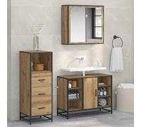 Qnhdfrt Lot de 3 meubles de salle de bain en chêne artisanal 80 x 33 x 60 cm - Matériau du bois avec cadre en métal - Buffet moderne et lavabo pour petites salles de bains et toilettes d'invités
