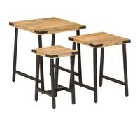 Qnhdfrt Lot de 3 Tables Basses Gigognes en Bois de Manguier Massif et Fer, Tables d'Appoint Carrées Industrielles Encastrables pour Salon, Bout de Canapé Gain de Place pour Chambre et Bureau