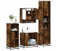Qnhdfrt Lot de 4 meubles de salle de bain en bois de chêne fumé - 65 x 60 cm - Armoire à miroir à suspendre avec lavabo - Armoire haute et buffet pour petite salle de bain - Design industriel moderne
