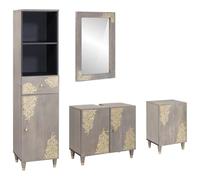 Qnhdfrt Lot de 4 meubles de salle de bain - Montage mural - En bois de manguier massif - Gris - 62 x 33 x 58 cm - Avec accents dorés et poignées en laiton - Espace de rangement compact pour les