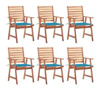 Qnhdfrt Lot de 6 chaises de jardin en acacia massif - 56 x 62 x 92 cm - Avec coussins bleus imperméables - Design moderne à lattes - Robuste et durable - Pour terrasse, balcon, véranda