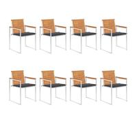 Qnhdfrt Lot de 8 chaises de jardin avec coussin anthracite en bois d'acacia massif et acier inoxydable empilables robustes pour terrasse, jardin, balcon, mobilier d'extérieur