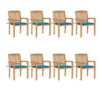 Qnhdfrt Lot de 8 chaises de jardin empilables en bois de teck avec coussins bleus, robustes, résistantes aux intempéries, pour jardin, terrasse, balcon, intérieur et extérieur, peu encombrantes