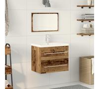 Qnhdfrt Meuble de lavabo encastrable aspect bois vieilli - 2 pièces - 60 x 38,5 x 48 cm - Marron - Avec robinet et bonde pour petites salles de bain