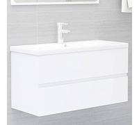 Qnhdfrt Meuble de salle de bain moderne avec bac en céramique - Blanc - 90 x 38,5 x 45 cm - En matériau dérivé du bois - Bonde et robinetterie Push Open - Meuble de salle de bain moderne avec espace
