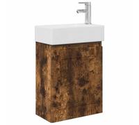 Qnhdfrt Meuble de Salle de Bain Suspendu avec Vasque Céramique Blanche et Robinet Mitigeur Inclus, Petit Ensemble Lave-Mains Compact 45,5x22,5x84 cm pour Toilette et WC, Chêne Fumé