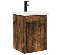 Qnhdfrt Meuble de Salle de Bain Suspendu avec Vasque Céramique et Robinet Noir - Petit Meuble Lave-Main Compact de Rangement avec Trop-Plein, Design Moderne Gain de Place pour WC, Chêne Fumé