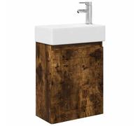 Qnhdfrt Meuble de Salle de Bain Suspendu avec Vasque en Céramique et Robinet Mélangeur, Petit Cabinet de Toilette Mural Gain de Place pour WC, Chêne Fumé, 45,5 x 25,5 x 84 cm