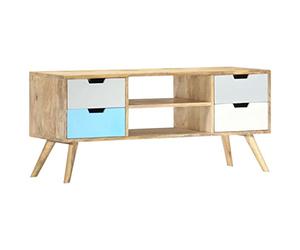 Qnhdfrt Meuble TV bas 110 x 35 x 48 cm en bois de manguier massif avec 4 tiroirs et charme rétro, banc TV stable et buffet pour salon, chambre à coucher, couloir