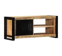Qnhdfrt Meuble TV bas, 80 x 30 x 35 cm, en bois de manguier robuste et fer, noir, marron, meuble TV avec 1 porte, 2 étagères, design industriel pour salon, chambre à coucher, bureau