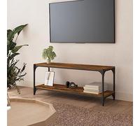 Qnhdfrt Meuble TV bas en chêne fumé 100 x 33 x 41 cm en matériau à base de bois et acier - Design industriel robuste avec 2 étagères et fonction buffet pour salon, couloir, bureau