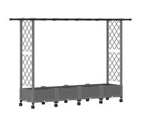 Qnhdfrt Mobile Raised Garden Bed with Trellis and Roof, Light Gray | Features lockable wheels and measures 203x40x127 cm, designed for climbing plants on balconies and patios.