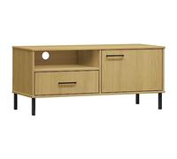 Qnhdfrt Oslo - Meuble TV bas - 106 x 40 x 46,5 cm - En pin massif - Marron - Avec pieds en métal - Espace de rangement - Tiroir - Porte - Design moderne - Pour salon et chambre à coucher