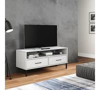 Qnhdfrt Oslo Meuble TV bas en pin massif avec pieds en métal et espace de rangement 106 x 40 x 46,5 cm Blanc