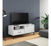 Qnhdfrt Oslo - Meuble TV - Blanc - En pin massif - Avec pieds en métal - 106 x 40 x 46,5 cm - Buffet moderne avec tiroir et compartiments - Meuble bas robuste pour salon