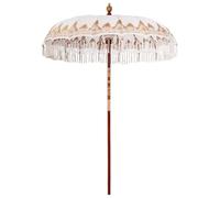 Qnhdfrt Parasol Balinais Crème 190x190x260 cm - Ombrelle de Jardin Ronde en Coton et Bambou avec Mât en Bois Sculpté Main et Franges pour Terrasse Décoration Extérieure Exotique