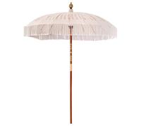Qnhdfrt Parasol Macramé Crème 190 x 190 x 260 cm - Parasol de Jardin Bohème Rond en Coton et Bois Massif avec Franges Tissées pour Terrasse, Balcon et Espace Extérieur Chill