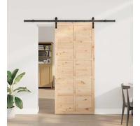 Qnhdfrt Porte coulissante marron 90 x 208 cm en pin massif de style ferme rustique - Porte intérieure peu encombrante avec châssis et kit de fixation complet pour salon, salle à manger, foyer
