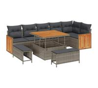 Qnhdfrt Salon de jardin 11 pièces en polyrotin gris 100 x 100 cm - Salon moderne avec table en bois d'acacia - Ensemble complet pour balcon, terrasse, jardin