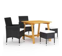 Qnhdfrt Salon de jardin 5 pièces en bois d'acacia et rotin PE, table de jardin avec 2 chaises et 2 tabourets, salon de jardin pour terrasse et jardin, ensemble de salle à manger noir/blanc crème