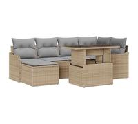 Qnhdfrt Salon de Jardin 7 Pièces en Poly Rotin Canapé Modulable Beige | Mobilier modulaire avec table réglable et coussins lavables, adapté pour aménager une terrasse, une véranda ou un jardin.