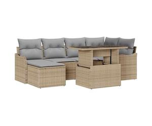 Qnhdfrt Salon de Jardin 7 Pièces en Poly Rotin Canapé Modulable Beige | Mobilier modulaire avec table réglable et coussins lavables, adapté pour aménager une terrasse, une véranda ou un jardin.