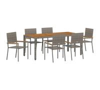 Qnhdfrt Salon de Jardin 7 Pièces en Polyrotin Gris - Table de Jardin Rectangulaire 190x90cm et 6 Chaises de Jardin Confortables avec Accoudoirs en Bois d'Acacia - Ensemble Repas Extérieur Moderne