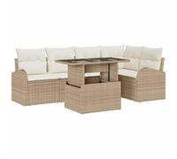 Qnhdfrt Salon de Jardin Encastrable 6 Places en Résine Tressée Beige - Ensemble Canapé Modulable avec Table en Verre Trempé et Coffres de Rangement Intégrés - Mobilier pour Terrasse et Balcon