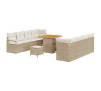 Qnhdfrt Salon de Jardin Modulable 11 Pièces en Résine Tressée Beige | Ensemble modulable avec rangement intégré, structure acier et détails bois d'acacia pour aménagement de terrasse et jardin.