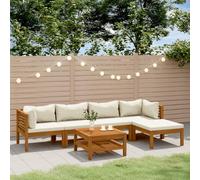 Qnhdfrt Salon d'extérieur en bois massif d'acacia avec coussins crème - 6 pièces - Table et module d'angle - Pour terrasse, balcon, jardin