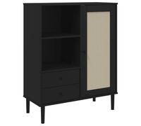 Qnhdfrt SENJA Buffet haut noir 90 x 40 x 112 cm en pin avec aspect rotin, buffet moderne pour cuisine, salon, couloir, espace de rangement avec 2 tiroirs et 5 compartiments