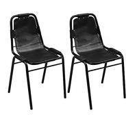Qnhdfrt Set of 2 Black Goat Leather Dining Chairs with Steel Legs