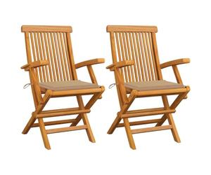 Qnhdfrt Set of 2 Folding Solid Teak Patio Chairs with Beige Cushions