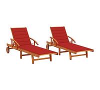 Qnhdfrt Solid Acacia Wood Outdoor Sun Loungers with Red Cushions