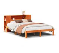 Qnhdfrt Solid Pine Bed Frame with Bookcase Headboard, 135x190 cm, Brown | Includes wooden slats for support without a box spring; mattress not included; features built-in headboard shelving.