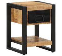 Qnhdfrt Table de Chevet en Bois de Manguier Massif Brut, Table de Nuit Industrielle avec Pieds en Fer, Petite Commode de Chambre Vintage pour Rangement Table Basse Salon 35x34x45 cm