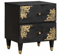 Qnhdfrt Table de chevet en bois de manguier massif - Noir - 40 x 33 x 46 cm - Commode moderne avec 2 tiroirs et poignées en laiton - Avant peint à la main - Table d'appoint étroite pour chambre à