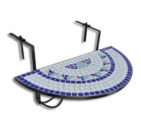 Qnhdfrt Table Suspendue de Balcon en Mosaïque, Table Basse Pliable Demi-Ronde en Fer et Céramique Bleu et Blanc, Support de Balustrade Réglable Max 18 cm, 76x56x64 cm
