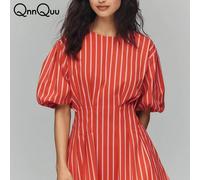 QnnQuu Robe courte décontractée à rayures rouges et blanches pour femmes, col rond, manches bouffantes, tissu tissé non extensible, robe mini élégante L,M,S,XL,XXLRayéTissu tissé