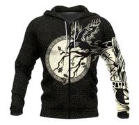 QOBNN Sweat À Capuche Viking 3D Tattoo,Mythologie Nordique Corbeau Streetwear Sweat À Capuche Décontracté,Pull Unisexe À Manches Longues Imprimé de Toutes Parts,Zip Hoodie,XXL