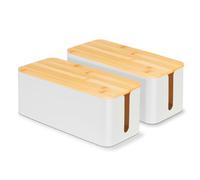 QOEOTUY Lot de 2 boîtes de rangement pour câbles de bureau sans perçage - Avec couvercle en bambou et prise - Respectueux de l'environnement contre l'enchevêtrement de câbles - Gestion des câbles PC