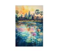 QOGDAF Angkor Wat Impression sur toile aquarelle Cambodge Décoration murale pour salon, chambre à coucher 30 x 45 cm