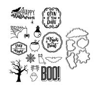 Qoiseys Happy Halloween Boo Lot de tampons et matrices de découpe en silicone transparent pour la fabrication de cartes, pochoirs de découpe en métal, pochoirs pour bricolage, scrapbooking, album