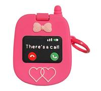 QoKcoahn Coque mignonne de dessin animé pour AirPods 4 4e génération, Kawaii 3D en silicone souple avec miroir de maquillage rétro téléphone rose rouge avec porte-clés, cool et amusant, pour garçons