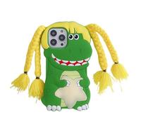 QoKcoahn Coque pour iPhone 11, coque téléphone 3D Kawaii mignonne avec dessin animé dinosaure jaune à longues tresses en silicone souple amusant et protecteur en gel pour femmes et filles pour iPhone
